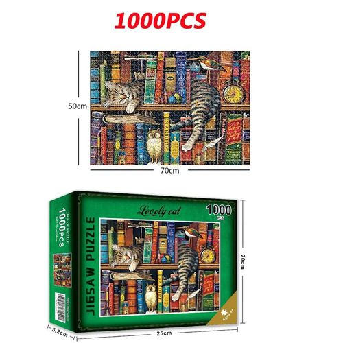 Puzzle De Paysage De Chat De Dessin Animé, Étagère De Livre, Bricolage, Assemblage, Jouet De Décompression Pour Adultes, Jouet Éducatif Pour Enfants
