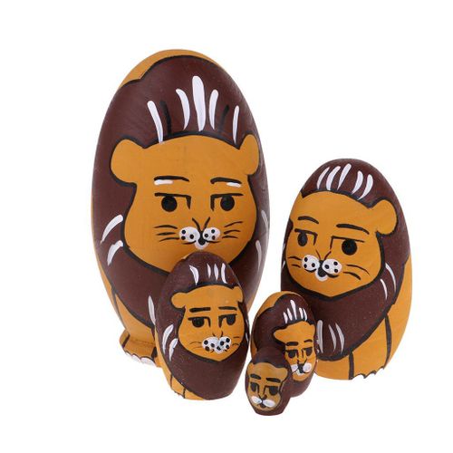 Poupées En Bois Peintes À La Main, Kit De 5 Pièces, Cadeau De Décoration De Noël, Motif Lion De Dessin Animé Russe, Matryoshka, Babushka