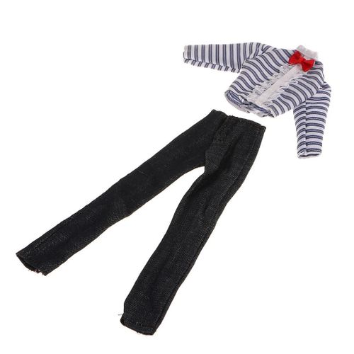 Chemise À Manches Longues Rayée Et N¿Ud Rouge, Pantalon En Jean, Accessoires De Vêtements Pour Poupées 1/6