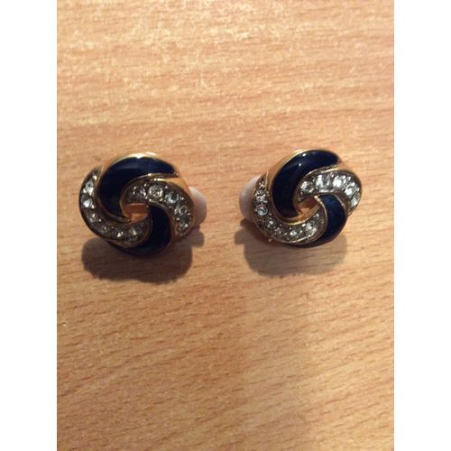 Paire De Boucles D'oreilles Fantaisie - Clips - Doré, Noir, Strass