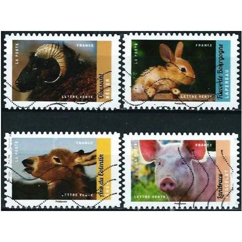 France 2017, Les Animaux De La Ferme, Beaux Timbres Yvert 1386 Bélier D'ouessant, 1387 Lapereau Fauve De Bourgogne, 1392 Porcelet Landrace, 1393 Anon Du Cotentin, Obli. Tbe -