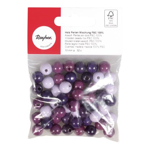Assort. Perles En Bois Fsc 100%, 10mm Ø, Tons Lilas, Polies, 52 Pièces