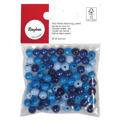 Assort. Perles En Bois Fsc 100%, 8mm Ø, Tons Bleus, Polies, 82 Pièces
