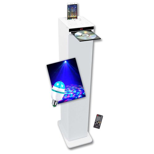 Tour de son Inovalley HP32-CD-W blanche avec lecteur CD, Bluetooth, FM et USB, 60W, télécommande, Ampoule DIAMS LED