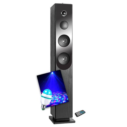 Enceinte colonne Inovalley HP33-CD Blacktower, avec lecteur CD, Bluetooth, FM et USB, 100W, télécommande, Ampoule DIAMS LED