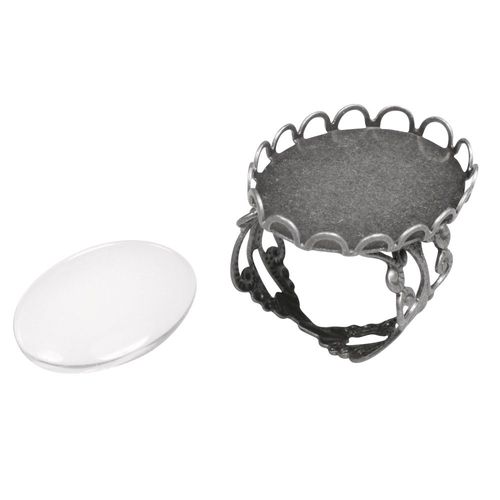 Chaton Métal, Bague Av.Bord Déco, Argent Ancien, 1,8x2,5cm, Avec Cabochon, 1 Set