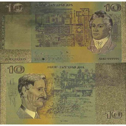 Australie Billet De Banque De 10 Dollar Colorisé Et Doré À L'or Fin 24k