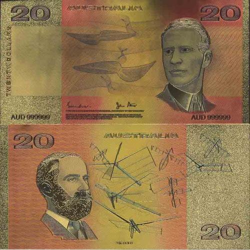 Australie Billet De Banque De 20 Dollar Colorisé Et Doré À L'or Fin 24k