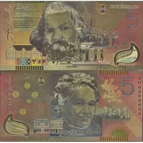 Australie Billet De Banque De 5 Dollar Colorisé Et Doré À L'or Fin 24k