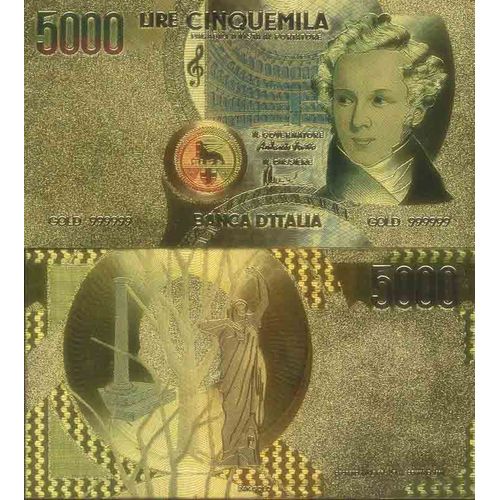 Italie Billet De Banque De 5000 Lire Colorisé Et Doré À L'or Fin 24k