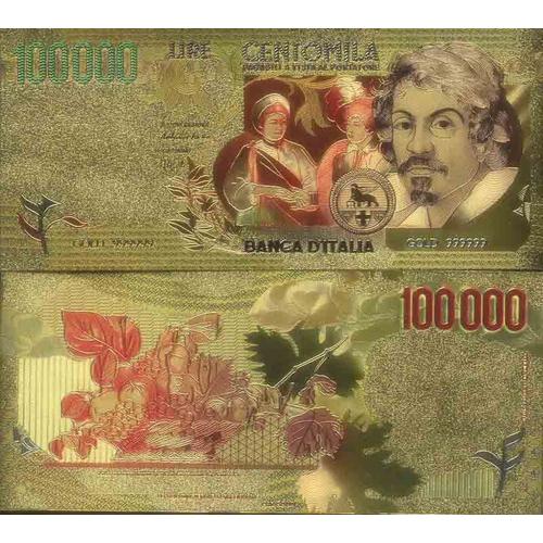 Italie Billet De Banque De 100000 Lire Colorisé Et Doré À L'or Fin 24k