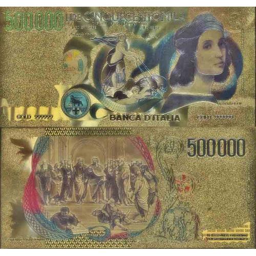 Italie Billet De Banque De 500000 Lire Colorisé Et Doré À L'or Fin 24k