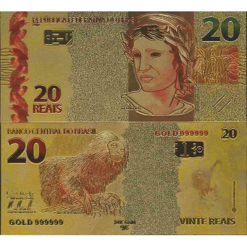 Brésil Billet De Banque De 20 Reais Colorisé Et Doré À L'or Fin 24k