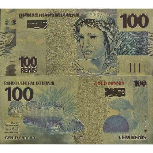 Brésil Billet De Banque De 100 Reais Colorisé Et Doré À L'or Fin 24k