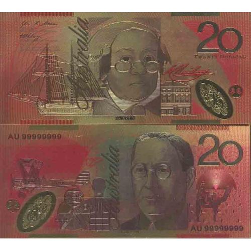 Australie Billet De Banque De 20 Dollar Colorisé Et Doré À L'or Fin 24k