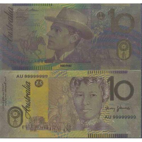 Australie Billet De Banque De 10 Dollar Colorisé Et Doré À L'or Fin 24k