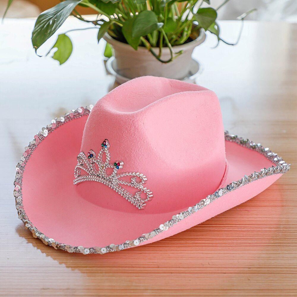 Nouveau rose diadème Style occidental chapeau de Cowgirl pour femmes fille  roulé Fedora casquette bord de plume plage Cowboy chapeau Sequin Western  fête casquette 