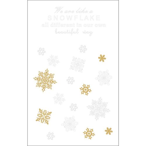 Motifs Autocollants Déco "Snowflake", Blanc / Or, Dicton+Floc.De Neige, 2 Feuilles