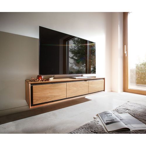 Plateau-Tv Stonegrace Acacia Nature 145 Cm 3 Portes Placage En Pierre Buffet Bas Flottant