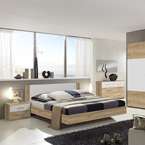 Lit 2 Personnes 160x200 Cm Avec 2 Chevets Chêne Et Blanc - Malia