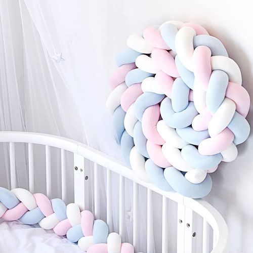 Tour De Lit Tresse - Douce Tour de lit bebe 2M avec Cordon d'attache idéal pour la Sécurité de votre Bébé(rose bleu blanc)