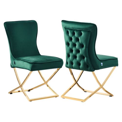 Chaise Trafalgar En Velours Capitonné Vert - Style Rétro Moderne - Pieds Croisés En Métal Doré - Salle À Manger, Salon, Bureau Ou Coiffeuse