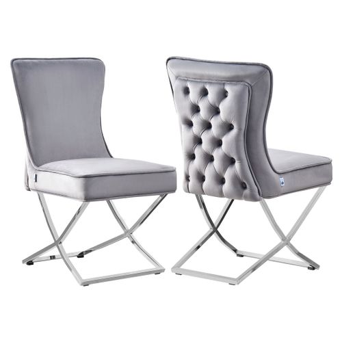 Chaise Trafalgar En Velours Capitonné Gris Foncé - Style Rétro Moderne - Pieds Croisés En Métal Argenté - Salle À Manger, Salon, Bureau Ou Coiffeuse