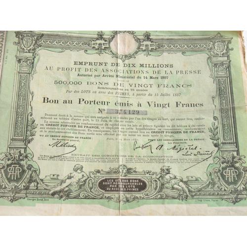 Emprunt De Dix Millions Au Profit Des Associations De La Presse 1887 Bon Au Porteur Émis À 20 Francs Paris