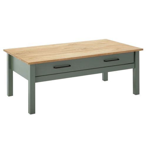 Tina - Table Basse Rectangulaire 1 Tiroir Bois Ciré Et Vert