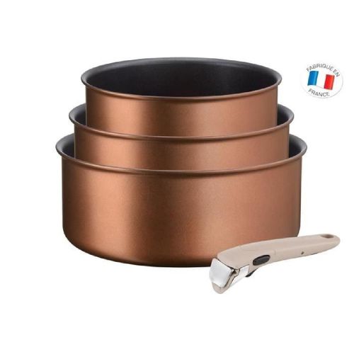 Tefal L6759003 Lot 3 Casseroles 16/18/20 Cm Ingenio Eco-Respect - 1.5/2.1/3 L - Poignée Amovible Argile Moonlight - Tous Feux