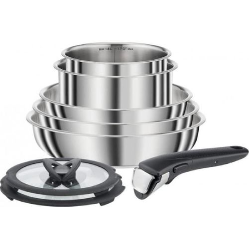 Seb L953s804 Compact Batterie De Cuisine 8 Pieces Inox. Poeles. Casseroles. Couvercles. Poignée Amovible. Tous Feux Dont Induction