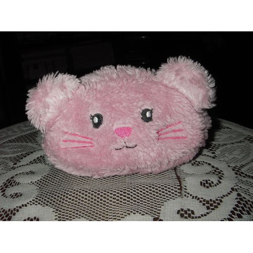 Pochette Peluche Chat Zippée Réversible, D Un Coté Multicolore Pastel, De L Autre Rose Pâle, Zippe Coloris Rose, Tirette Argentée, Yeux, Moustaches, Bouche, Museau Brodés