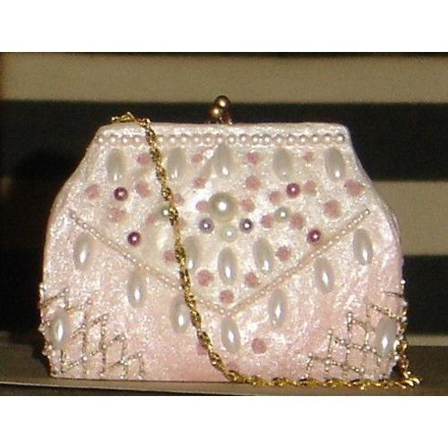 Sac De Soirée Miniature - Perles - Chainette Métal - Satin - Bel Objet De Collection - Neuf