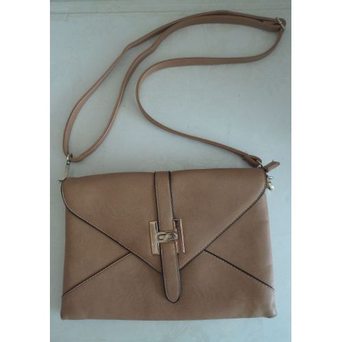 Sac À Main - H - Simili Cuir - Marron Clair / Beige - Porté Main, Bandoulière Ou Avant Bras - 1 Poche Extérieure À Glissière - 1 Grande Et 2 Petites À L&#39Intérieur - 28x20 Cm