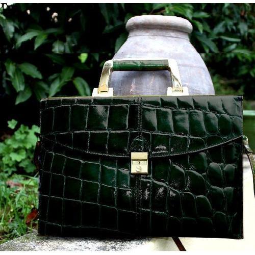 Cartable Sudhaus Port Document Cuir Noir Vert Fonce Sac Main Bagage Made Italy Poignee Metal Laiton Or Sangle Serviette Bandouliere Imitation Reptile Crocodile A Pc Dossiers 40x25x5 C Besace Valisette