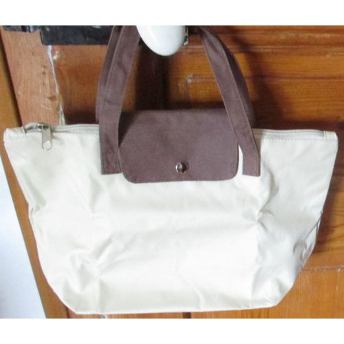 Grande Pochette/Petit Sac Beige - 2 Anses Et Rabat Marron - 34x22x11.5 Cm - 1 Seul Grand Compartiment Zippé - Tissu Imperméable