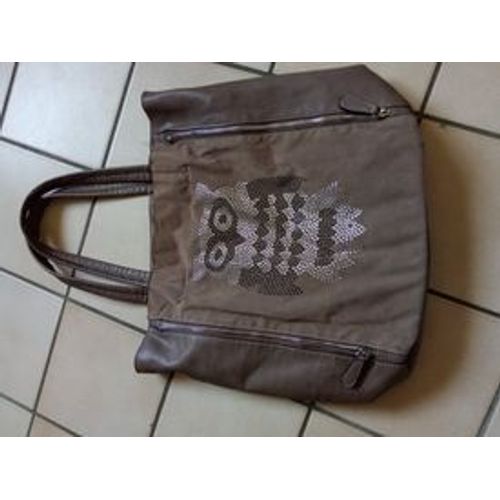 Sac À Main Cabas Motif Hibou Simili Marron