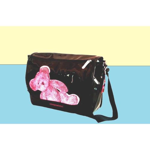 Besace Cartable Bandouliere Epaule En Cuir Pu Lulu Castagnette Ourson Rose Sur Sac Vernis Noir Pvc A + Poches Rabat Bagage Grand 40 Cm² Pour Cahier Dossier Livres Ecole Contenant Scolaire Ou De Sport