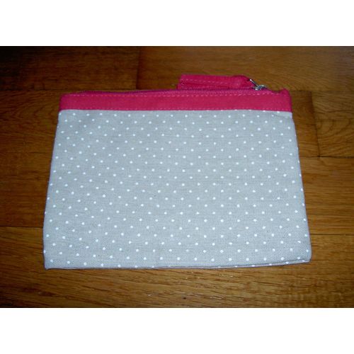 Pochette À Fermeture Éclair Yves Rocher En Tissu Grise Et Rose Avec Petits Points Blancs 15 X 20 Cm