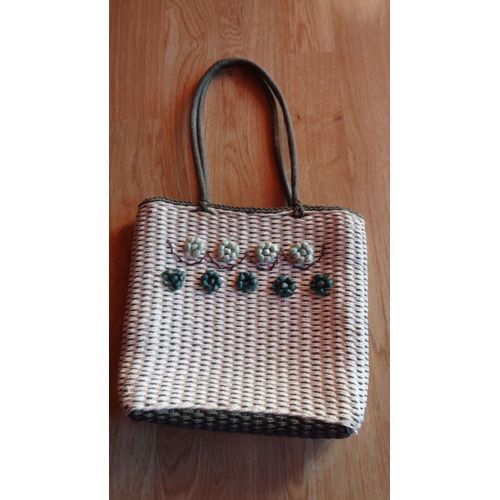 Sac Cabas Tressé Beige Et Vert
