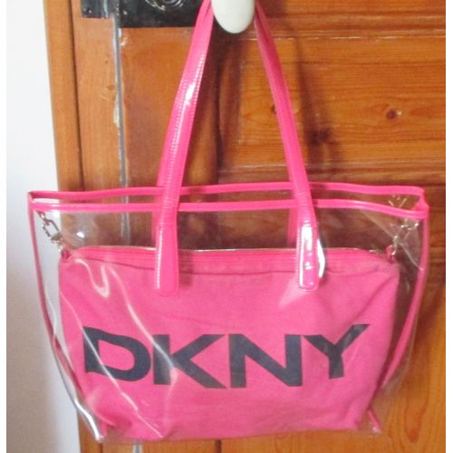 Sac Transparent En Pvc Style Cabas Dkny Active Avec Grande Poche Zippée Suspendue En Tissu Rose Vif Doublé Orange Avec 1 Poche Zippée Et 2 Poches Ouvertes-Grande Bandoulière Amovible-45x30x10cm