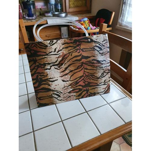 Sac À Courses Café Privilège Marron Beige Et Noir Modèle Zébré Anses Transparentes Hauteur 25 Cm, Largeur 32 Cm Profondeur 7 Cm