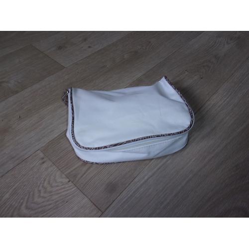 Trousse De Maquillage Nylon Blanche Et Liserés Marrons Neuve