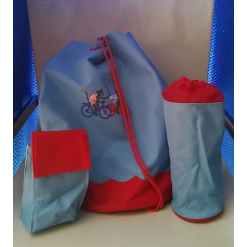 Sac À Dos Enfants Bleu Et Rouge Avec Sac Porte Bouteille Et Petite Sacoche