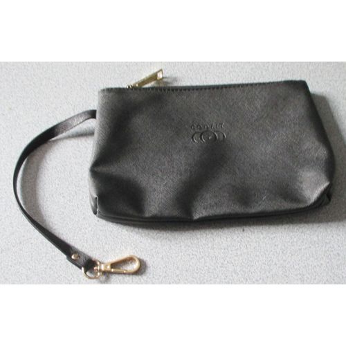 Pochette Zippée Coofit Équipée D'une Lanière Avec Mousqueton De Fixation Non Amovible - 20x14cm - Cuir Synthétique Noir - Intérieur Doublé De Tissu Gris