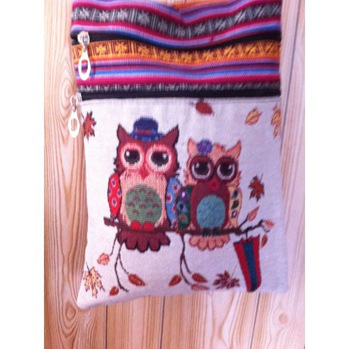 Pochette Bandoulière, Zippée, En Toile, Motif : Chouettes. 22 Cm X 30 Cm.