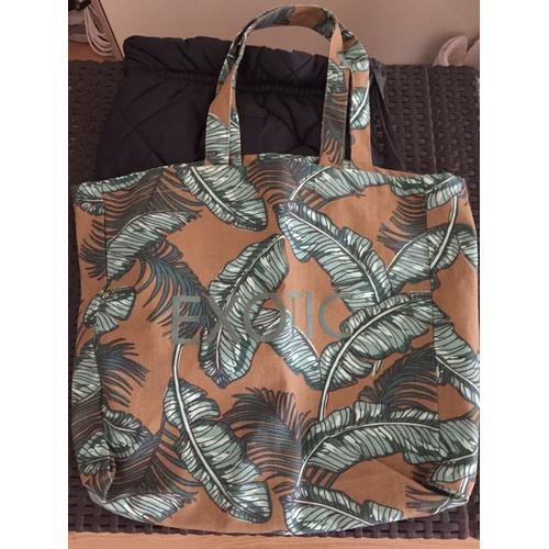 Sac À Bandoulière En Coton Vert Imprimé Feuilles Exotic 42x37cm Marque Monoprix