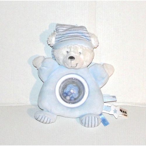Doudou Ours Modele Bleu Hochet Max & Sax - Peluche Ourson A Capuche Rayé Max Et Sax