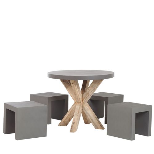 Set De Jardin Table Ronde En Fibre-Ciment Gris Et Bois Et 4 Tabourets Olbia/Taranto