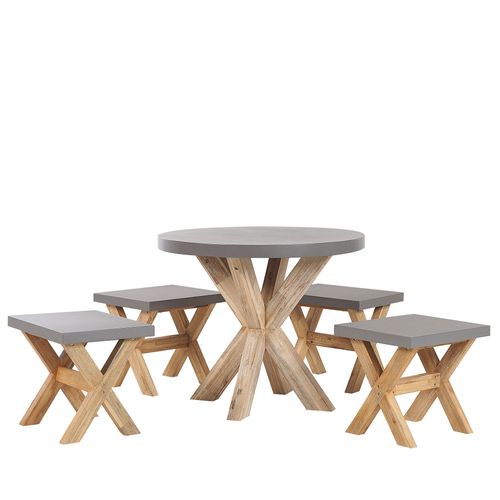Set De Jardin Table Ronde Et 4 Tabourets En Fibre-Ciment Gris Et Bois Olbia